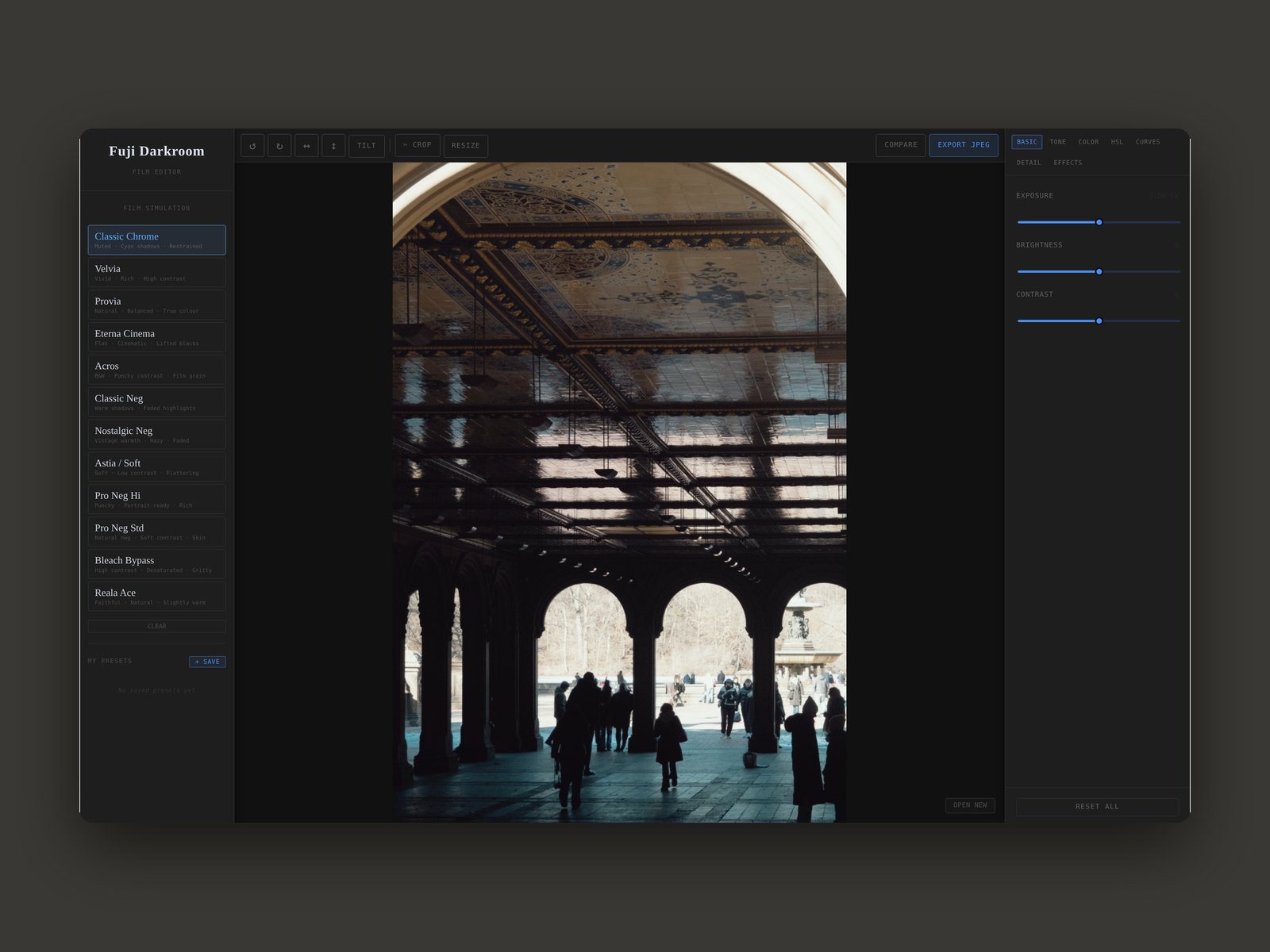 Fuji Darkroom editing a photo with the Classic Chrome simulation