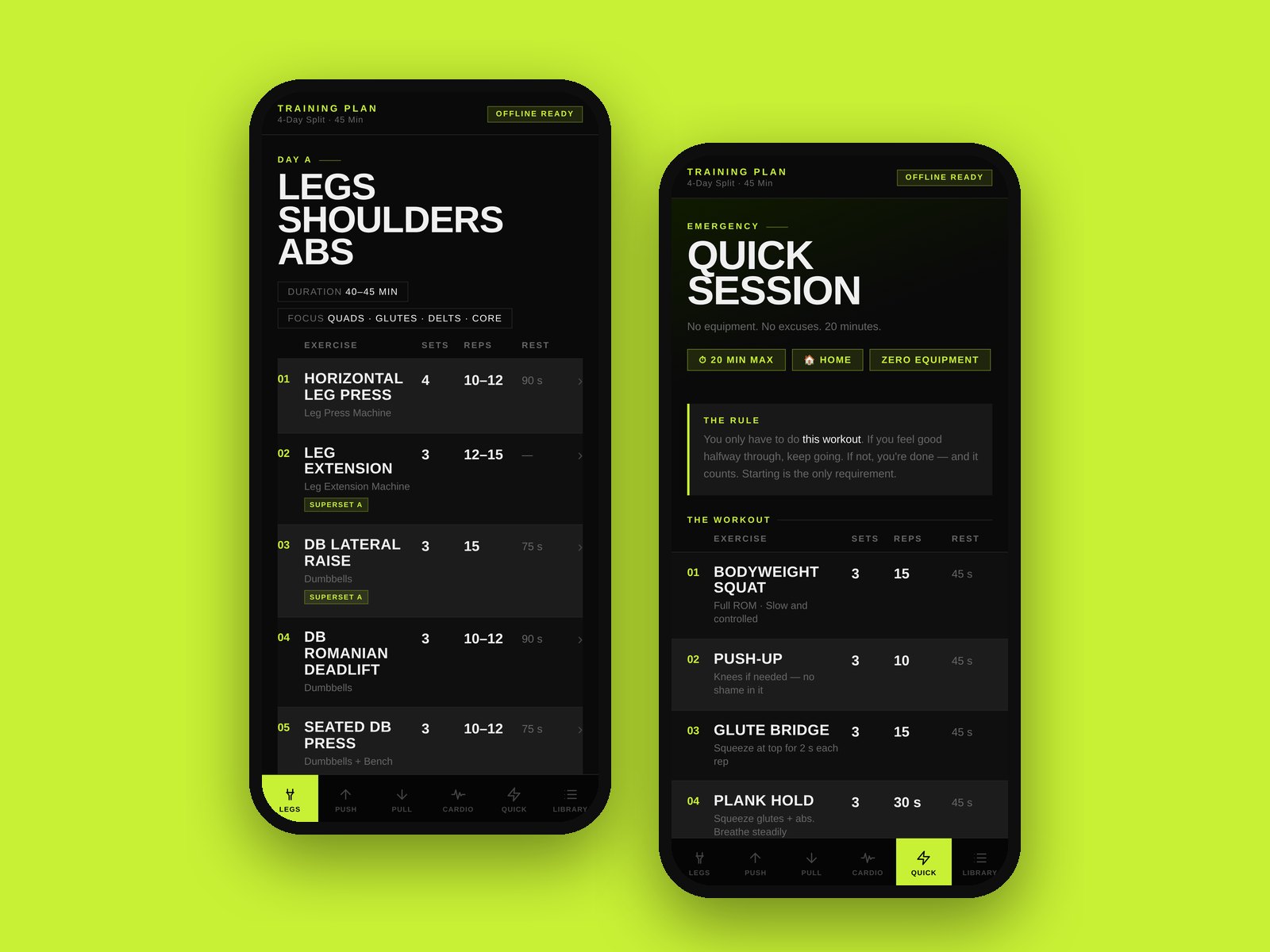 Two screens of the Training Plan gym app