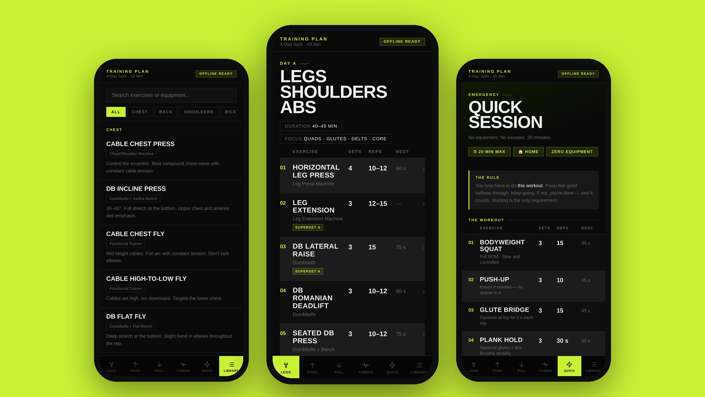 Three screens of the Training Plan gym app on a lime background