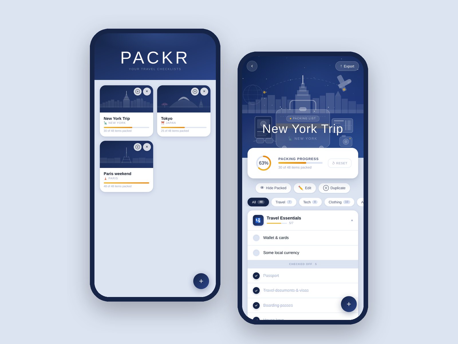 Two screens of the Packr packing app